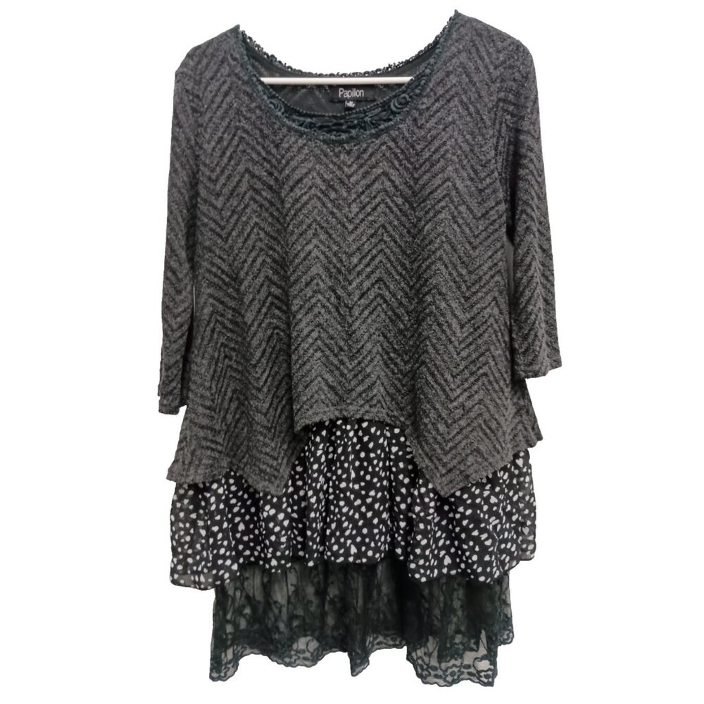 Papillon Tunic Top Womens Medium Gray BOHO Romantic Dark Fairy Layered